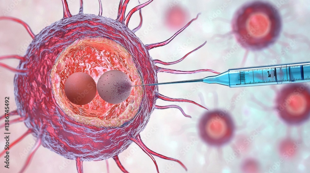 Poster ivf - in vitro fertilization process, cell structure with a syringe injecting substance, representin