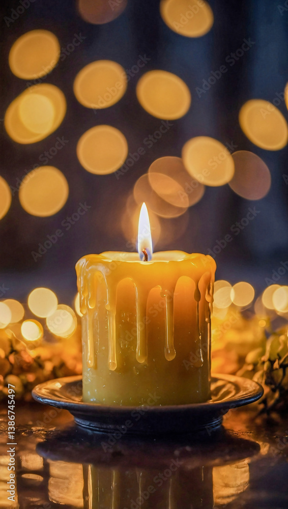 Poster glowing yellow candle with melting wax and bokeh lights in the background.