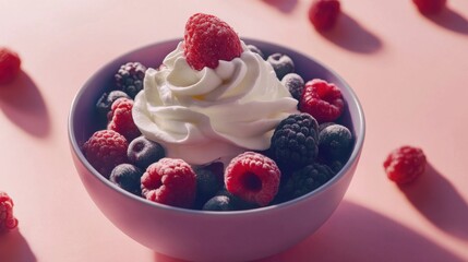 A bowl of fresh berries with a dollop of whipped cream. Featuring sweetness and indulgence