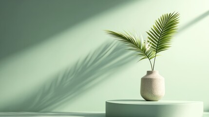 Light-filled room, vase with palm leaves, minimalist scene, product display, interior design