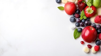 Fototapeta premium Colorful fruit assortment on white background. Fresh, vibrant, and healthy mix of berries, apples, peaches, and bananas. Perfect for smoothies, salads, or snacking