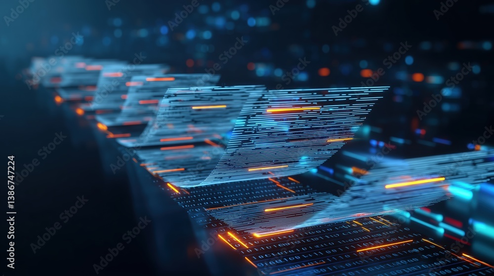 Poster dynamic futuristic digital data transfer concept with glowing blue and orange neon lights, floating 