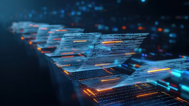 Dynamic futuristic digital data transfer concept with glowing blue and orange neon lights, floating holographic documents and abstract technology elements on dark background. High-resolution illustrat