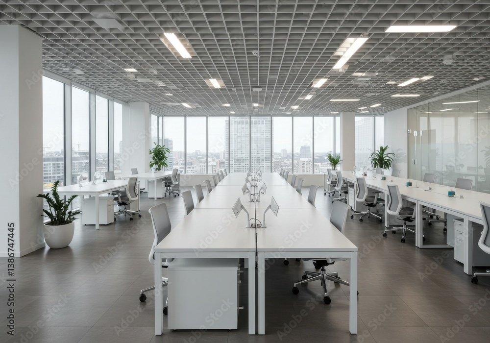 Poster a bright and modern office space with large windows and rows of desks and chairs in a minimalist des