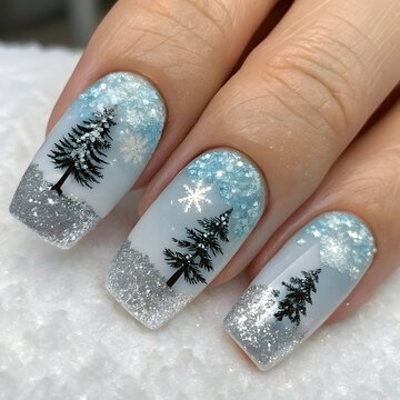 Winter Wonderland Nails A stunning winter wonderland design on acrylic nails with tiny snow-covered trees, silver glitter, and soft pastel shades of blue and white.