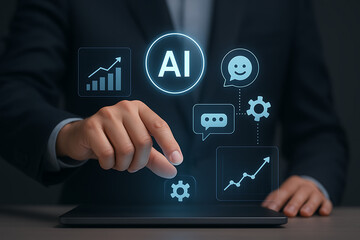 Artificial Intelligence Interface Touchscreen Technology A Businessman Interacts with Digital AI Icons on a Tablet Device