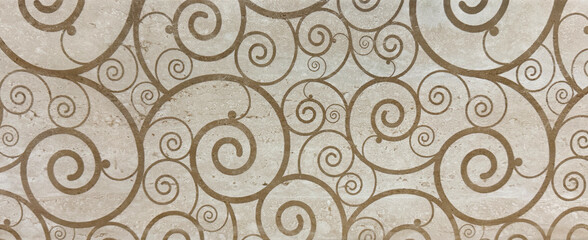 Close up of travertine stone with random spiral and swirls pattern on its surface. Spiral snail shape repeated in big and small scale. Seamless background texture