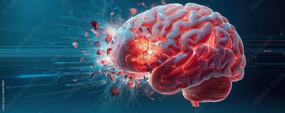 Poster futuristic 3d illustration of a glowing brain exploding with energy and particles, representing info