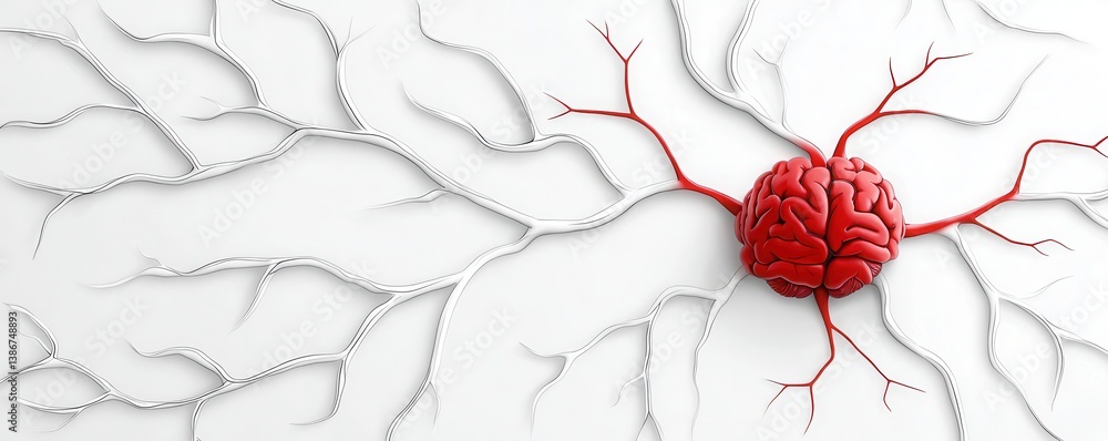 Poster conceptual 3d illustration of a red brain at the center of an abstract vascular network, symbolizing