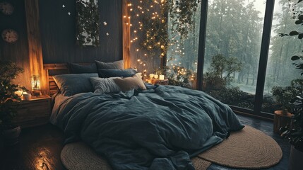 A cozy bedroom with a large window overlooking a forest