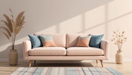 Modern living room interior with sofa, pillows and plants in a minimalist style