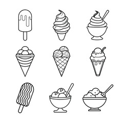 Collection of black and white line art vector icons of various ice cream types including cones, bowls, and popsicles on white background.