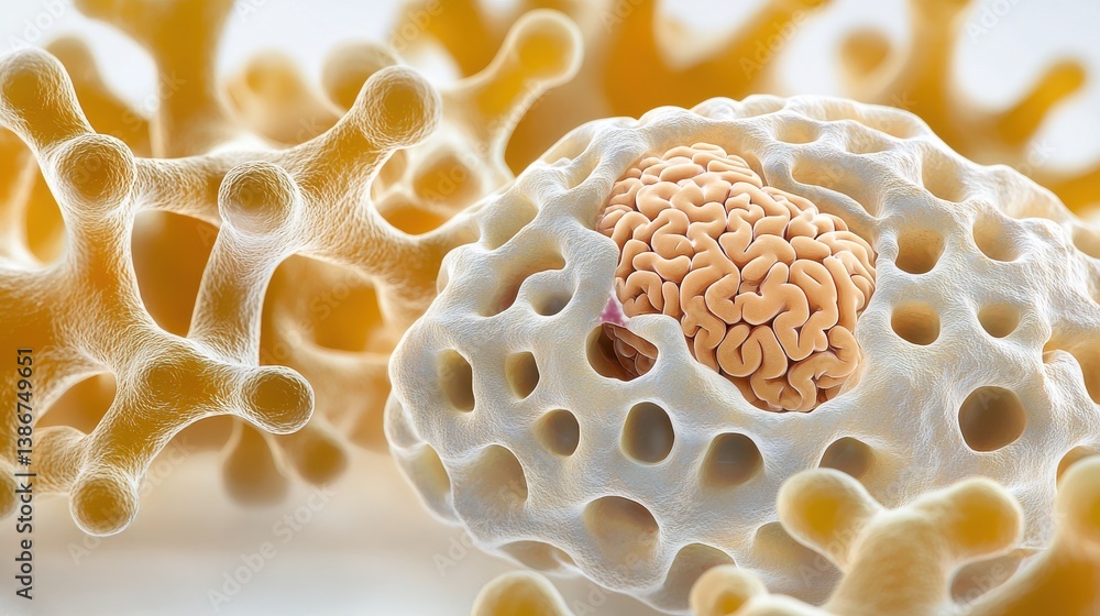 Poster surreal 3d illustration of a brain enclosed in a porous structure, symbolizing neural networks, cogn