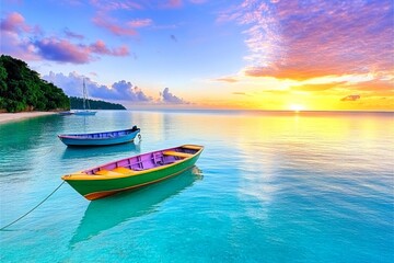 Naklejka premium The Scarborough waterfront in Tobago, with fishing boats anchored in the harbor and a stunning sunset