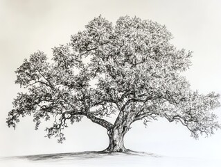 Majestic oak tree drawing, nature, art, white background, home decor