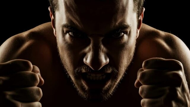 Intense close-up of a man displaying raw emotion with clenched fists and a fierce expression in a dark setting at night