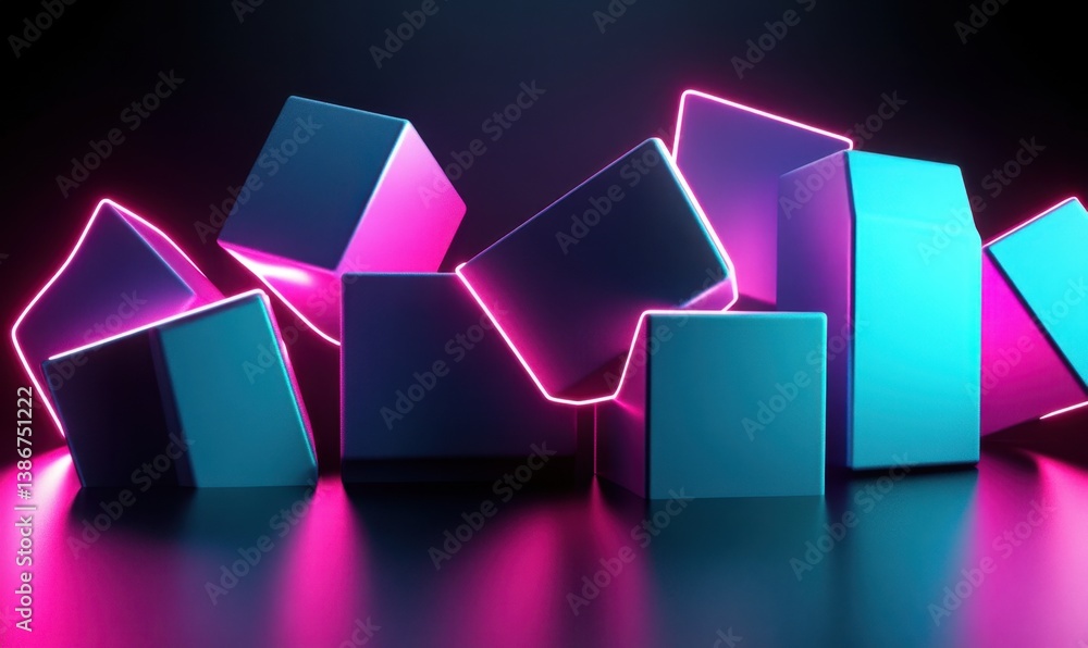 Aufkleber neon cubes abstract background; 3d render; digital art; website design