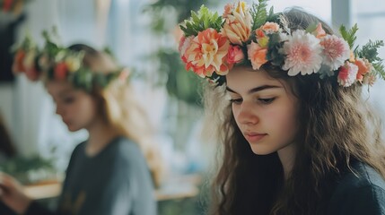 Joyful girl with beautiful flower crown adorning her hair at creative workshop celebrating nature's beauty