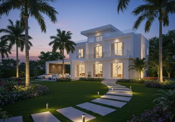 Obraz premium A modern white house with palm trees and a stone path at dusk showcasing luxury and architectural design