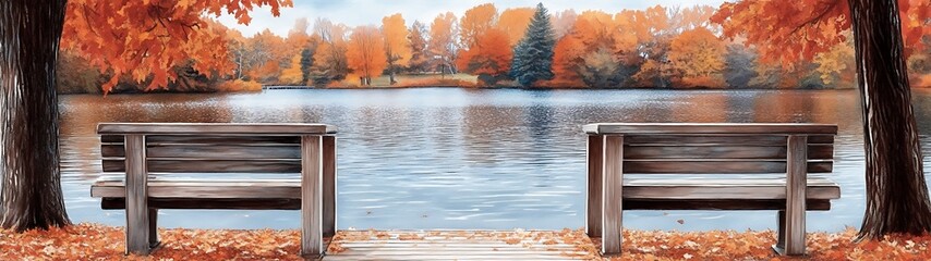 Two benches facing the calm lake surrounded by autumn foliage