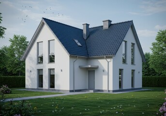 Obraz premium A modern white house with a dark blue roof and green lawn surrounded by trees under a clear blue sky