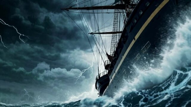 Dramatic storm at sea with a sailing ship battling powerful waves and lightning under dark clouds