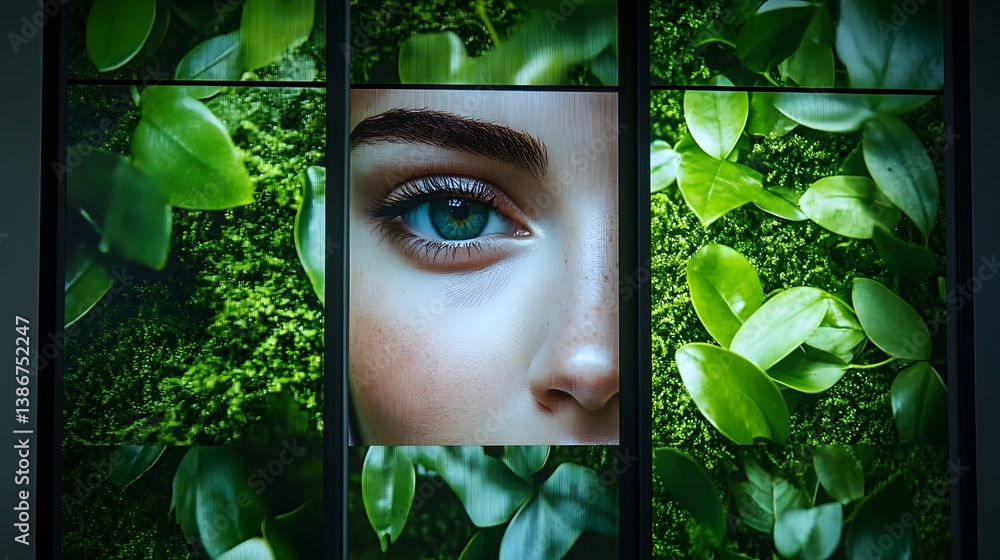 Aufkleber woman's face partially visible through a window in a creative display for a sustainable branding cam