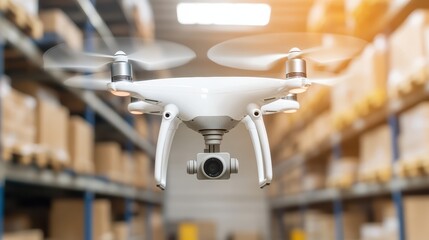 Drone surveying warehouse inventory.