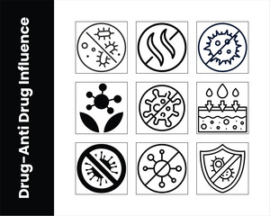 Anti Drug Influence Black And White Icon Set Against Virus And Bacteria