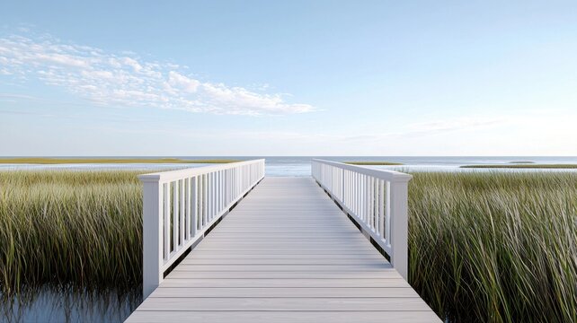 Serene boardwalk leading through tranquil marshland under a bright sky, perfect for peaceful retreat and nature lovers.