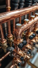 Obraz premium Copper pipes in the boiler room for water heating networks