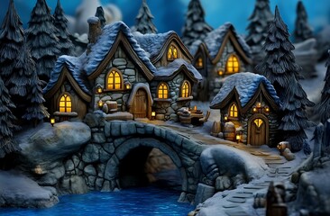 Enchanted winter village with cozy cottages and glowing windows