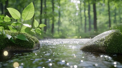 Fototapeta premium Serene forest creek with lush greenery and sunlight. Tranquil nature landscape during daytime.