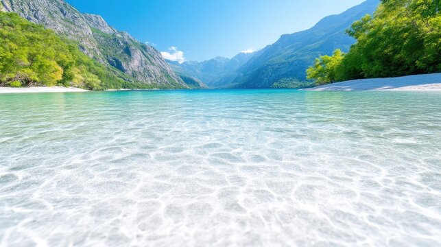 Crystal-clear water dominates this image, its surface textured by gentle ripples. A tranquil beach and lush green mountains form a picturesque backdrop under a bright blue sky. The photos high resol