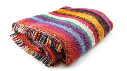 Vibrant and Cozy Colorful Striped Blanket with Stylish Fringe on a Soft White Background, Perfect for Home Decor and Adding a Touch of Warmth to Any Living Space.