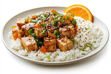 Vibrant and Flavorful Plate of Tofu Stir Fry with Rice and Fresh Orange Garnish Perfect for Healthy Eating Enthusiasts
