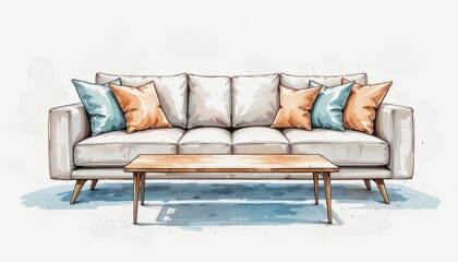 Elegant Watercolor Sofa with Pillows and Table for Interior Design Mockup