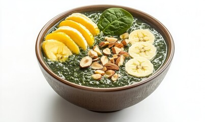 Vibrant and Nutritious Green Smoothie Bowl Topped with Fresh Banana Slices and Crunchy Nuts on a Clean White Background for Healthy Eating Inspiration