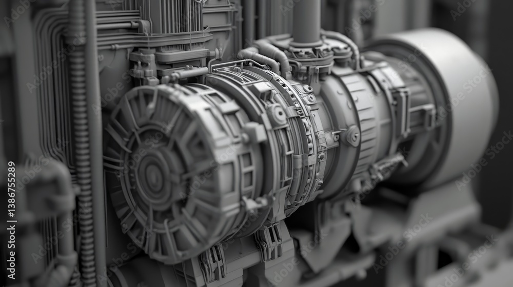 Poster complex mechanical engine part in grayscale close-up shot.