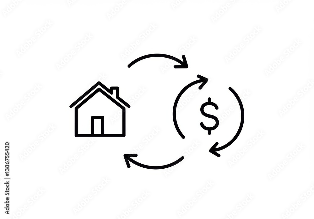 Poster House and dollar sign with arrows illustrating a cycle in a minimalist line art style design theme