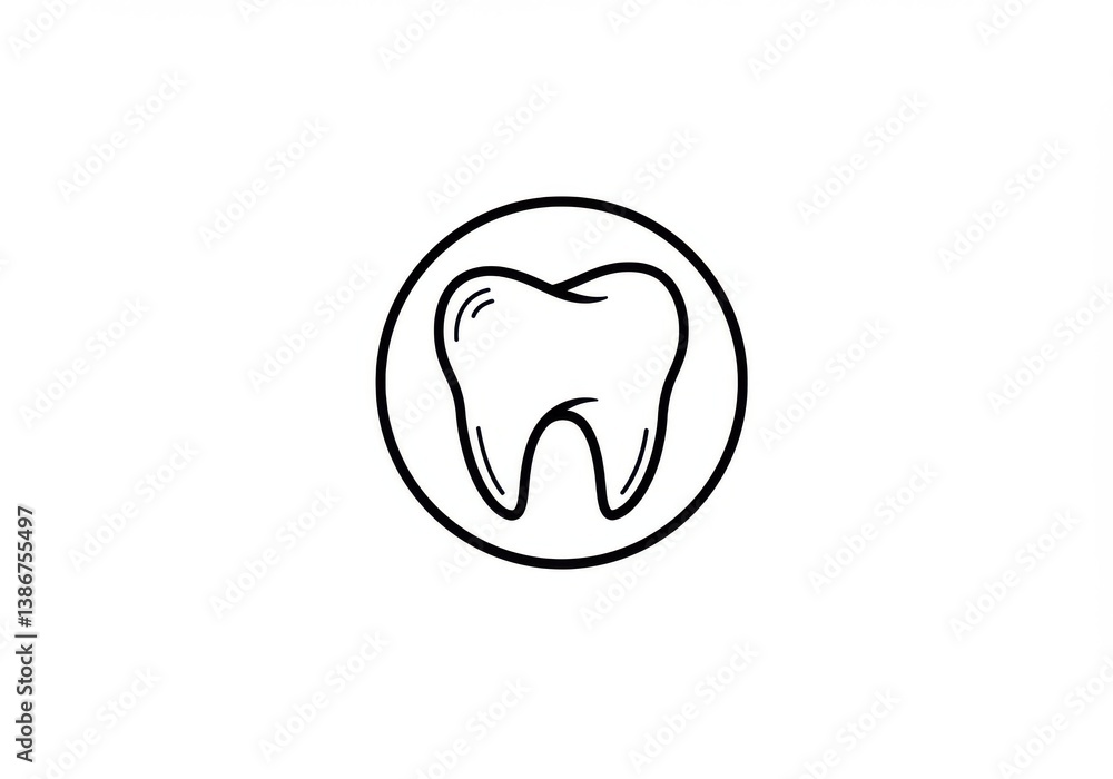 Poster a simple line drawing of a tooth inside a circle on a white background in a minimalist style design