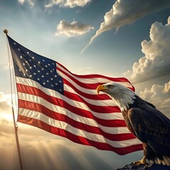 Wavy American flag with an eagle symbolizing strength and freedom . 4th of July Memorial or Independence day background. Generative AI technology.




