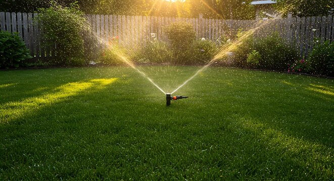 Golden Hour Lawn Sprinkler System Watering Lush Green Grass AI Generated