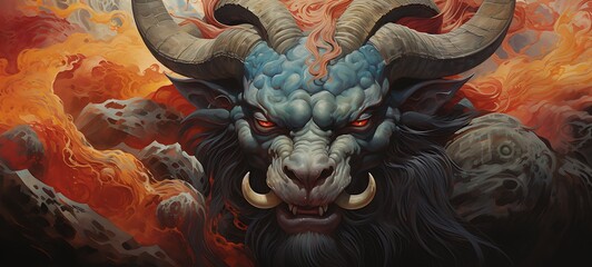 Fototapeta premium abstrak mozaic color of Tengu minotaur in drakness, ai generative