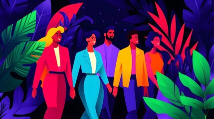 Stylish friends exploring a vibrant tropical night landscape