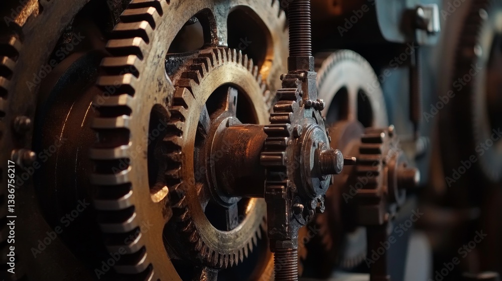 Poster close-up of interlocking gears in a mechanical system.