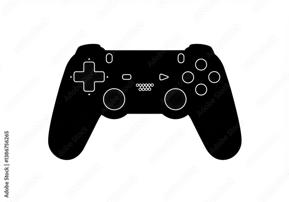 Poster a black game controller with white outlines on a white background in a simple vector style image