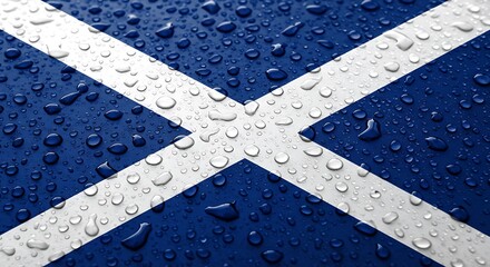 Scottish Saltire Under Rain Rain Kissed Scottish Cross Waterdrops on the Saltire A Wet Scottish Flag Blue and White Raindrops The Saltire in the Rain AI Generated
