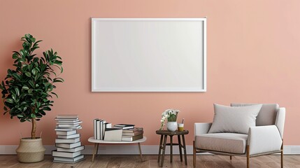 A white rectangular frame in a relaxed reading nook, hung above a comfortable armchair, with a small table and a stack of books nearby. HD 8K mockup wallpaper Photographic Image