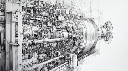 Complex machinery with gears and pipes in grayscale.